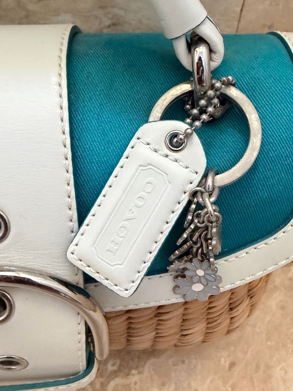 coach Y2K vintage SUMMER straw leather PURSE Teal and White Woven Top-Handle - Picture 13 of 16